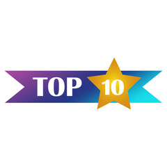 Top 10 banner. Gradient ribbon. Gold star icon. Ten ranking badge. Vector illustration.