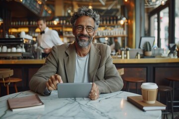 Fototapeta premium A man with glasses and a beard is sitting at a table in a modern café, engaging with a tablet, a cup of coffee, notebook and pen also on the table.