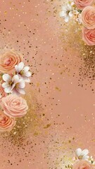 Fototapeta premium Magical cosmic background of peach with glitter gold and flowers