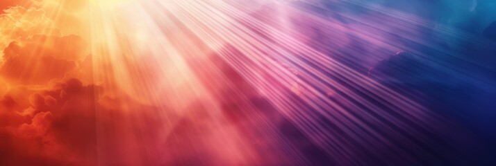 Colorful abstract background featuring radiant light beams shining through vibrant, textured clouds.