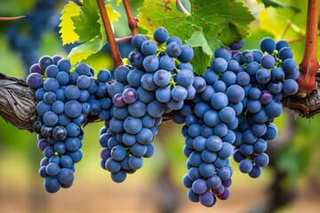 Fototapeta premium A bunch of ripe grapes hanging from a vine in a vineyard, showcasing the abundance and beauty of the harvest season.