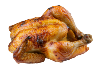 Deliciously roasted whole chicken, perfectly golden brown, ready to be served for a satisfying meal or special occasion. Isolated on transparent or white background.