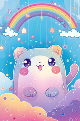 Rainbow Cat Dreamland:  A whimsical, adorable cat with sparkling eyes and a playful grin basks in a dreamy rainbow sky filled with stars and floating hearts. A perfect illustration for children's book
