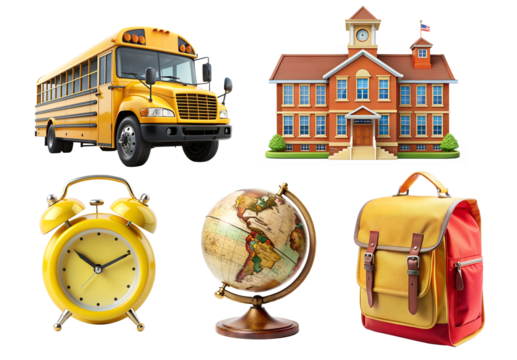 Back to School PNG Set. Collection with school elements isolated on white transparent background, png element clipart.