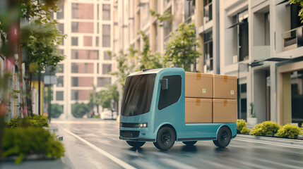 Small smart courier van is delivering goods on city road, concept of autonomous driving in modern logistics and express industry