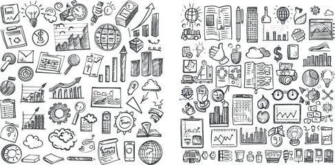 Illustration of a smart idea concept with a light bulb, a digital innovation company, and icons, teaching business marketing. Marketing innovation startup, light bulb sketch illustration.