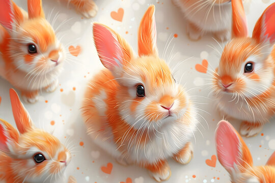 Orange Bunnies: A whimsical and adorable pattern of orange bunnies with white patches, set against a background of scattered hearts. Perfect for children's products, home decor, and social media.  