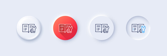 Engineering documentation line icon. Neumorphic, Red gradient, 3d pin buttons. Technical instruction sign. Line icons. Neumorphic buttons with outline signs. Vector