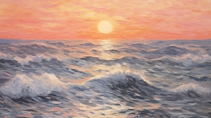 Fototapeta premium Impressionist painting of tropical beach at sunset with gentle waves