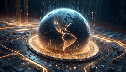 Global network connection with an abstract 3d rendering of a blue and gold computer circuit board background