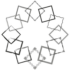 Decorative frame set. Varied square borders. Geometric vector shapes. Abstract black outlines.