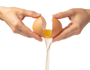 Fresh eggs being cracked open with hands, showcasing the rich yolk and flowing egg white, perfect for culinary imagery. Isolated on transparent or white background.
