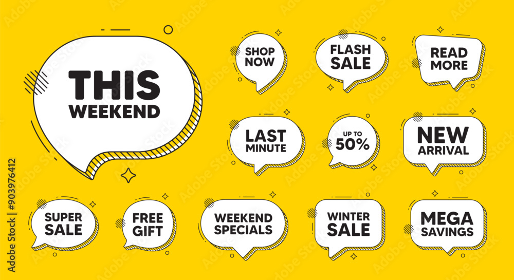 Poster offer speech bubble icons. this weekend tag. special offer sign. sale promotion symbol. this weekend