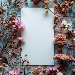Top view of blank white paper mockup with dried flowers around