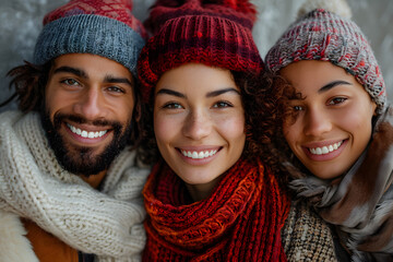 Winter Portrait of Three People Smiling at the Camera During Christmas and New Year. Capturing the Warmth, Joy, and Festive Spirit of the Holiday Season. A Heartfelt Scene Reflecting Togetherness, Kin