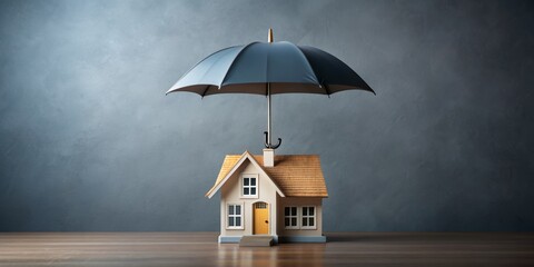 Banner of house under umbrella grey background. Home insurance residential home real estate mortgage protection security safety business investment concept. Copy paste, place for text. Generative AI