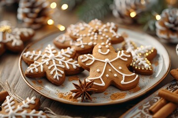 Fototapeta premium Plate of gingerbread cookies decorated with icing, surrounded by festive holiday decorations, evoking the warmth and joy of Christmas baking.