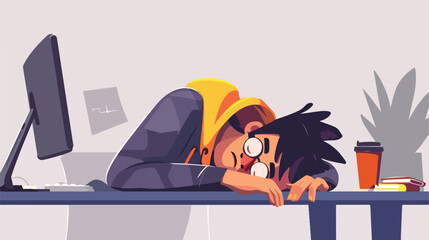 Work Burnout Concept: Man Sleeping in Front of Computer
