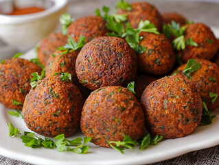 A plate of meatballs with parsley on top. The meatballs are small and brown, and the parsley is green and fresh. The plate is set on a table, and there is a bowl nearby