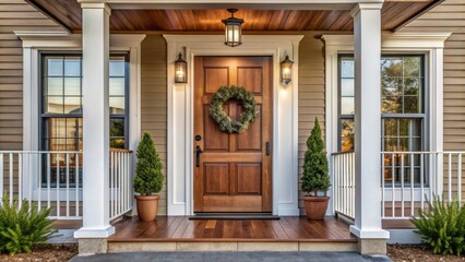 Rustic wooden front door with metal hardware and a stylish wreath adorns a modern farmhouse exterior, featuring a covered porch with white columns and railing.