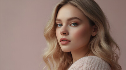 Naklejka premium beauty with natural winter makeup with glitter ideas that highlight soft pastel colors, rosy cheeks and glowing skin for a fresh and feminine look. empty space on the side