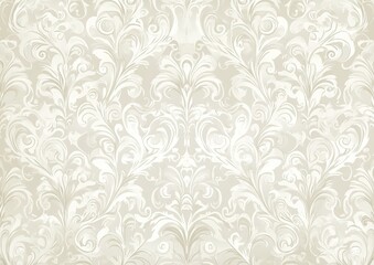 Elegant vintage damask pattern on light beige background with light gray and white swirls, seamless repeating design, high detail and resolution, perfect for sophisticated decor and artistic projects.