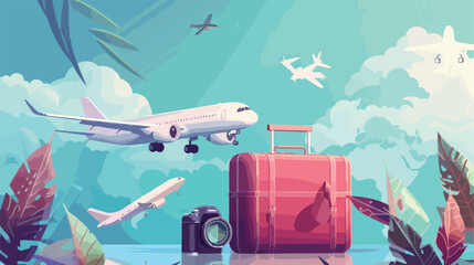 World Tourism Day Poster: Adventure Travel Concept with Luggage, Camera, and Airplane