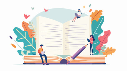 Poetry Writing Concept with Men and Women Standing Next to Big Book