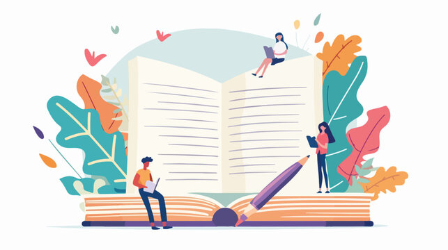 Poetry Writing Concept with Men and Women Standing Next to Big Book