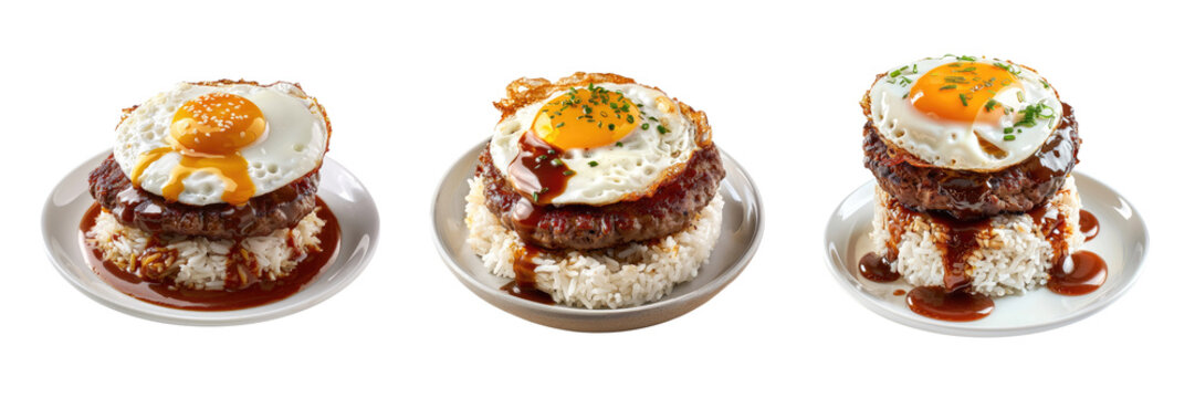 Delicious hawaiian dish loco moco of rice, fried egg, beef burger patty with brown mushroom gravy. transparent background