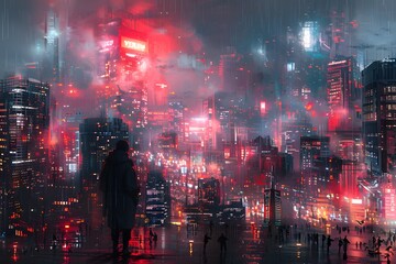 Cyberpunk Cityscape with Silhouette in the Rain.