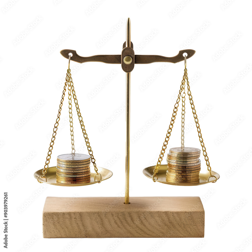 Wall mural a scale balancing coins on transparent background