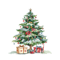 watercolor christmas tree with gifts