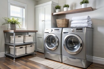 Modern, sleek energy-efficient washer and dryer combo with freshly laundered, neatly folded towels and clothes stacked on top, ready for organized storage.