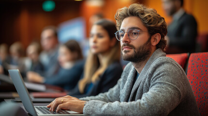 Obraz premium A telephoto angle photo of a student typing on a laptop while listening to the lecture, with the lecturer's presentation visible in the background, with copy space