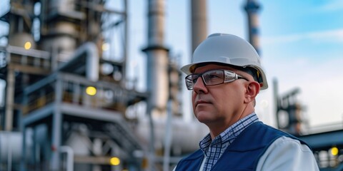 Engineer in Front of Power Plant with Large Chimneys