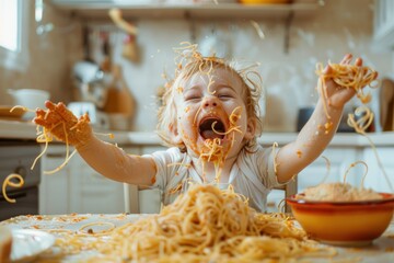 toddler diving into a spaghetti meal, leaving their face and hands a joyful mess bright kitchen room