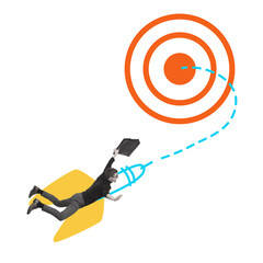Businessman flying on racket and reaching giant target, symbolizing professional challenges and...