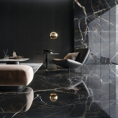 Modern living room with black marble floor and gold accents.