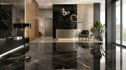 Modern lobby interior with black marble floor and elegant furniture.