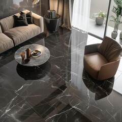 Modern living room interior with black marble floor tiles.