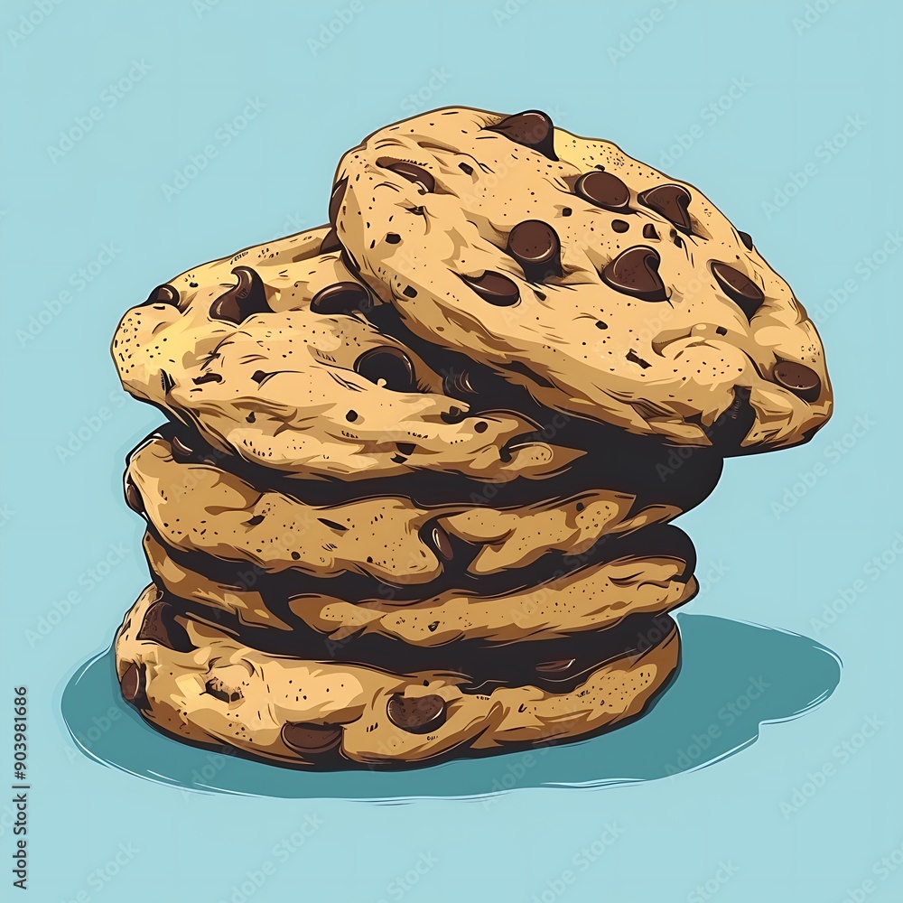 Poster Stack of Chocolate Chip Cookies on a Blue Background.