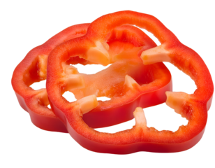 Freshly sliced red bell pepper on a white background, perfect for healthy recipes and food presentations.
