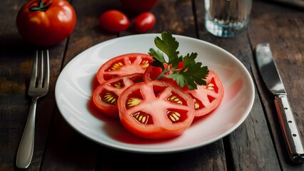Fototapeta premium Fresh red tomato slices are served in plate along with cutlery which is representing a salad