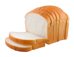 Freshly sliced white bread loaf ready for sandwiches and toasting. Soft texture and ideal for various recipes, isolated on a white or transparent background
