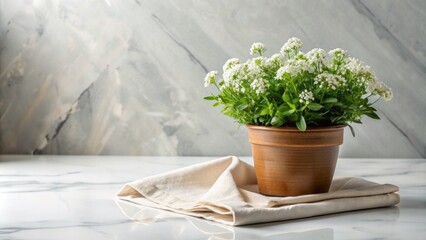 Fresh green potted plant with delicate white blooms sits atop a sleek marble table accompanied by a crisp folded linen napkin in serene still life.
