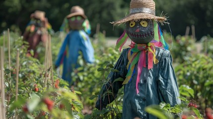 Colorful Scarecrows in Agricultural Field with Straw Hats and Ribbons for Bird Deterrent in Summer Season