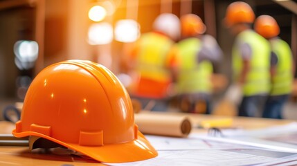 Focused Team of Engineers with Safety Helmets and Project Plans