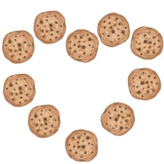 Arrangement of chocolate chip cookies in a heart shape, National Homemade Cookie Day, bakery.