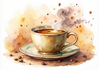 Whimsical watercolor illustration of a steaming coffee cup with brown spots and scripted coffee label in a modern, abstract, and dreamy artistic style.